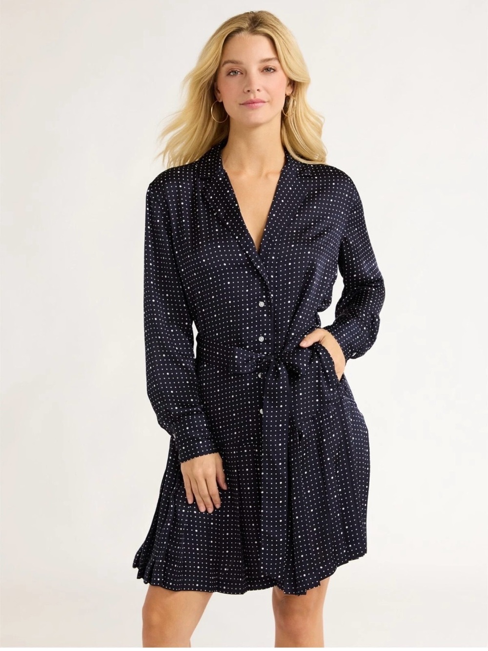 Free Assembly Women’s polka dots Pleated shirt dress with long sleeves